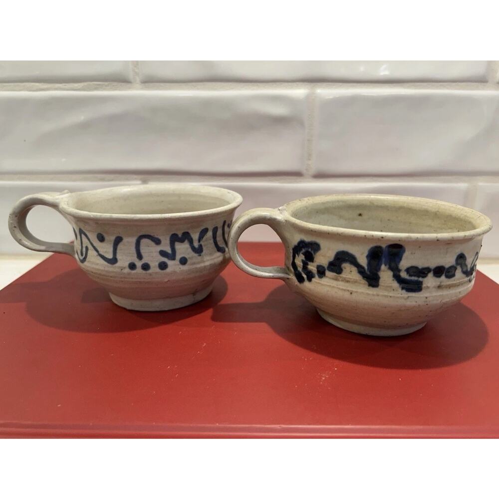Cobble Hill Pottery Set Of 2 Stoneware Soup Bowls Speckled Blue Abstract Design - Picture 1 of 9